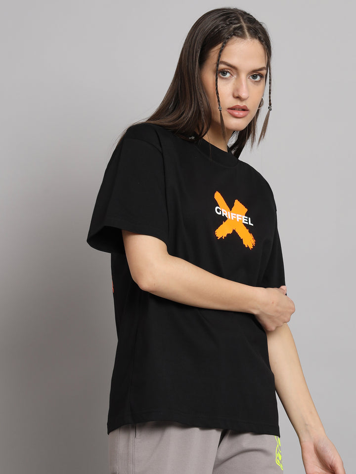 GRIFFEL Women Printed Loose fit Orange Bunny Black T-shirt - griffel