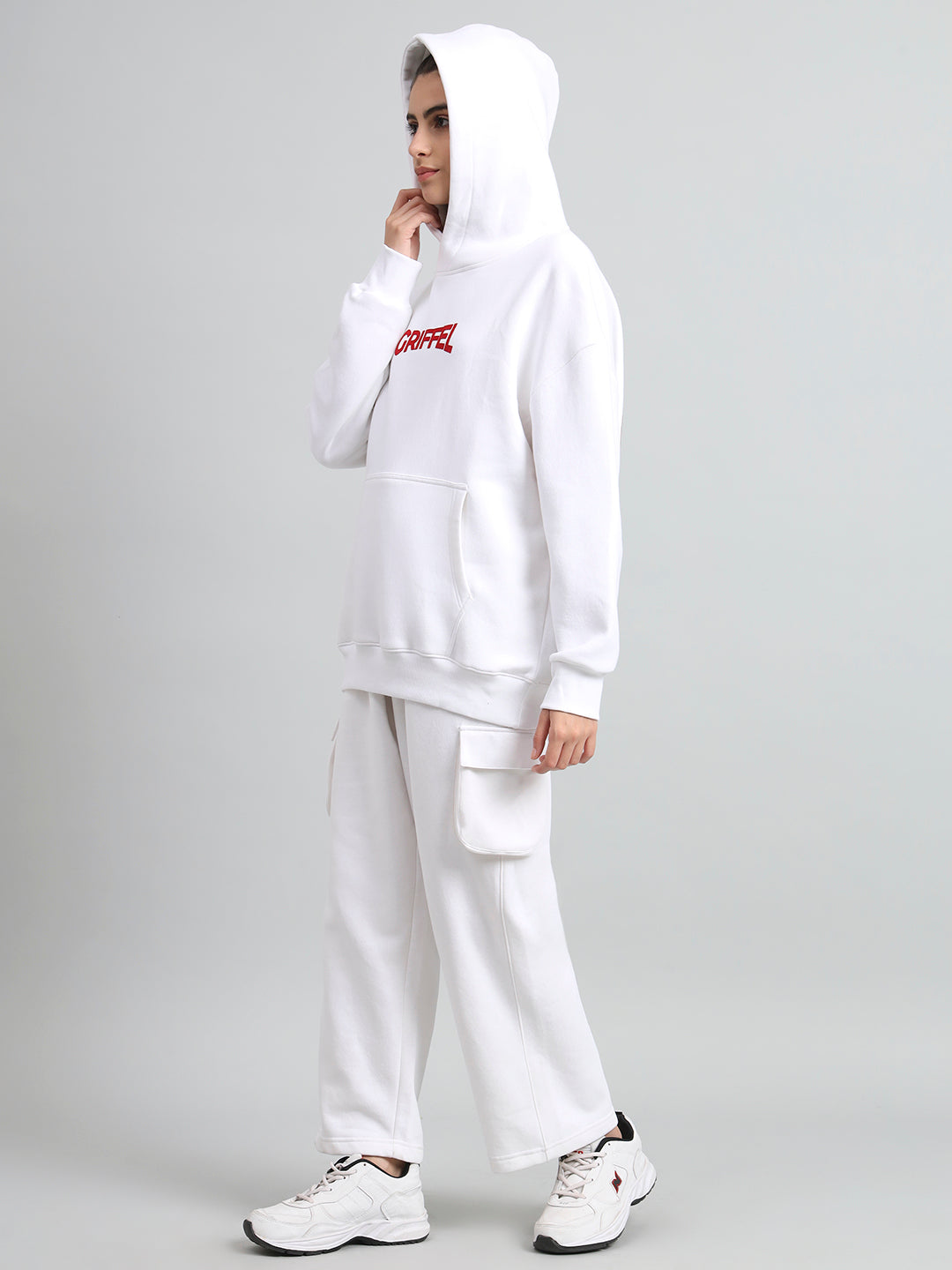 Griffel Women SNAKE Print Front Logo 100% Cotton White Fleece Hoodie and trackpant - griffel