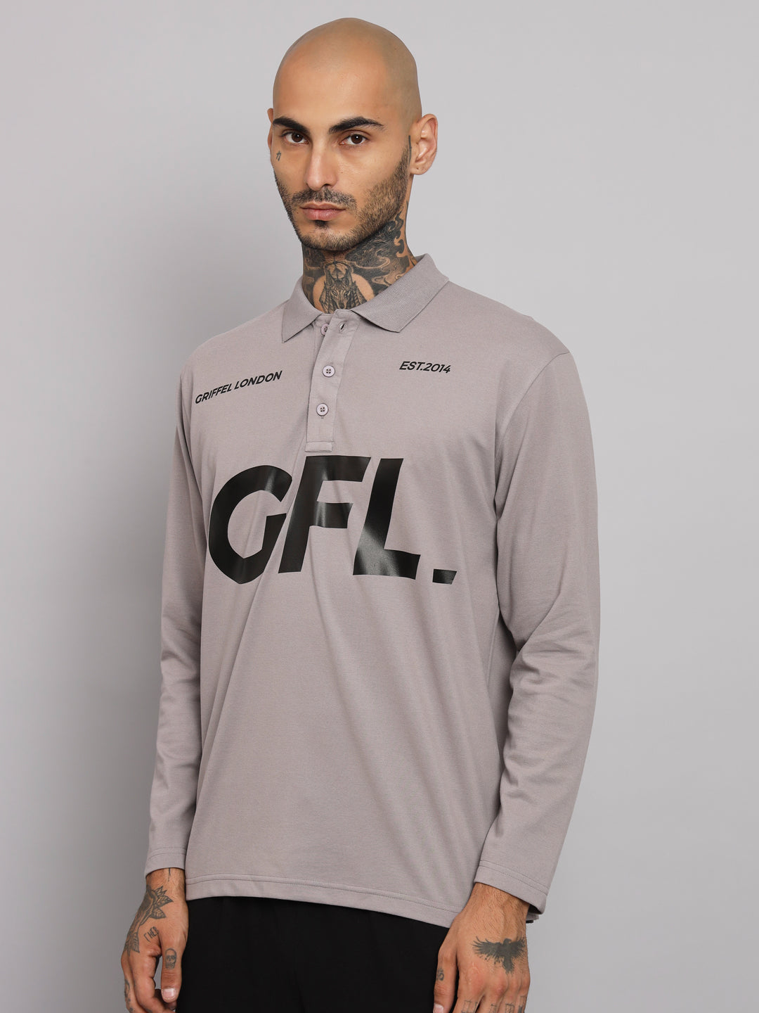 GRIFFEL Men's Steel Grey GFL Printed Cotton Full Sleeve Polo T-shirt - griffel