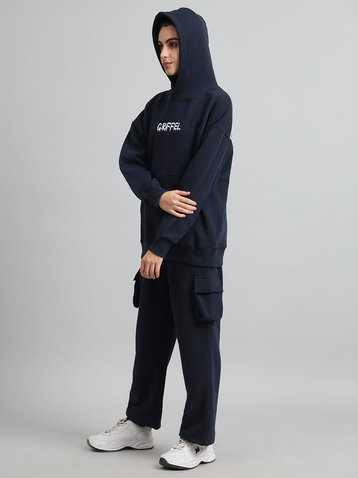 Griffel Women Oversized Fit Bear Family Print Front Logo 100% Cotton Navy Fleece Hoodie and trackpant - griffel