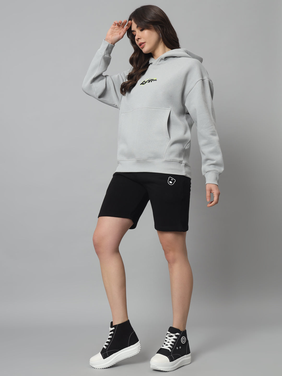 Griffel Women Oversized Grey ONE HUNDRES % LOYAL Print 100% Cotton Fleece Hoodie and Short Full set Tracksuit - griffel
