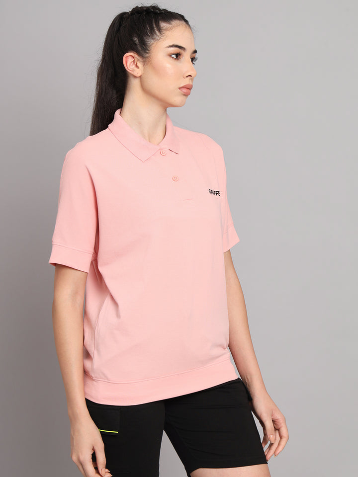 GRIFFEL Women Basic Solid Peach Polo T-shirt - griffel