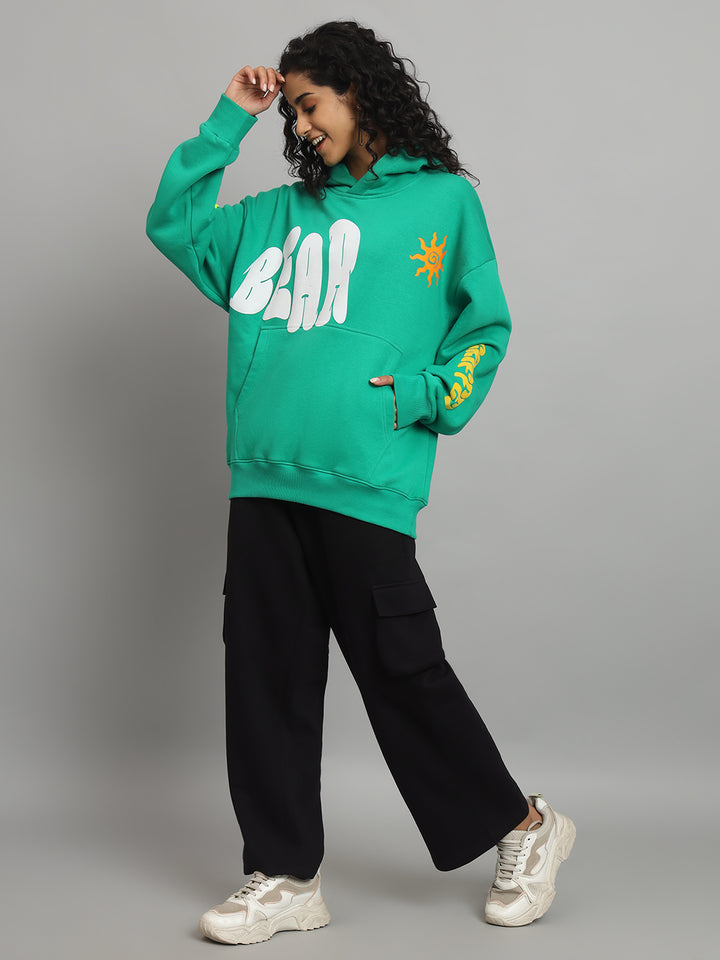 Griffel Women Oversized Fit BEAR Print 100% Cotton Bottel Green Fleece Hoodie and trackpant - griffel