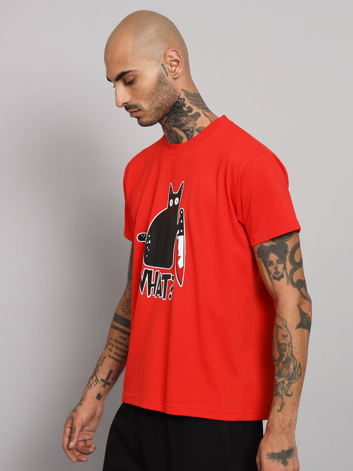 GRIFFEL Men WHAT CAT Printed Red Regular fit Cotton T-shirt - griffel