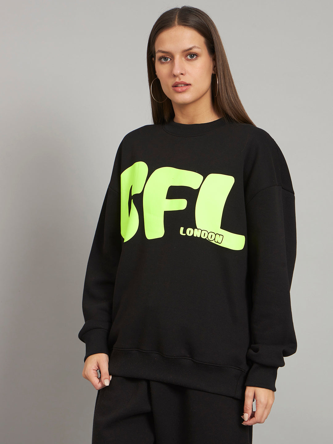 Griffel Women's Black GFL Oversized Round Neck 100% Cotton Fleece Sweatshirt