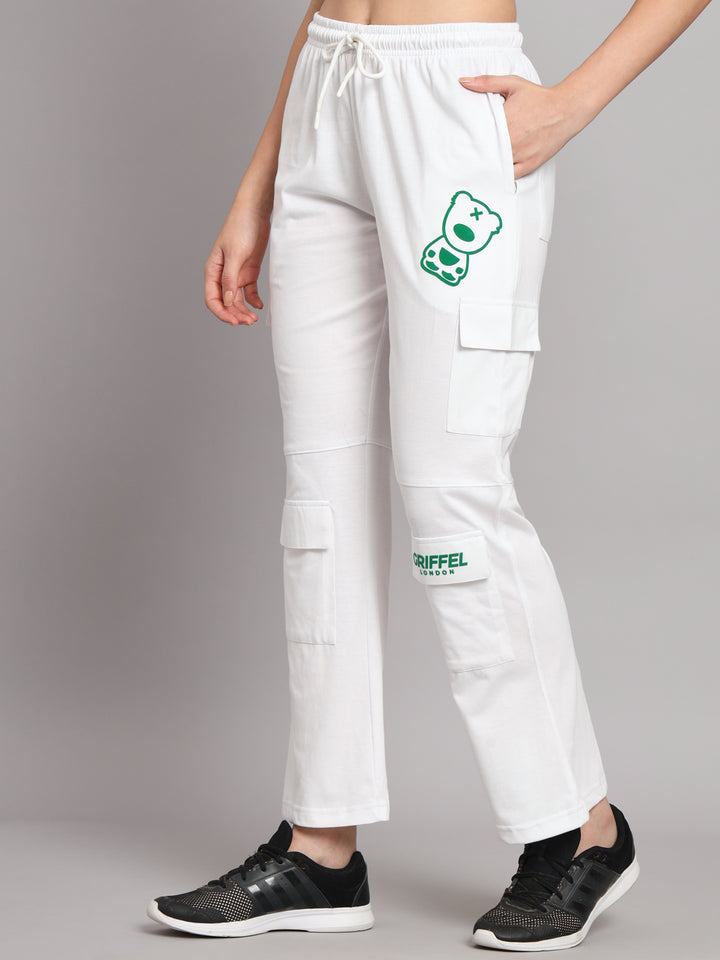 Griffel Women’s Front Teddy Logo 6 Pocket White Trackpant - griffel