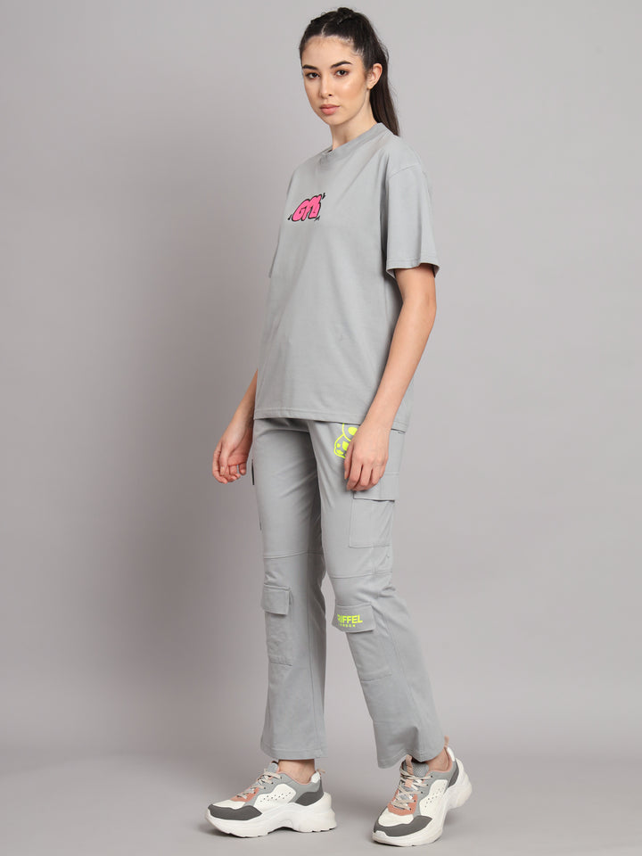 GRIFFEL Women Printed Loose fit Steel Grey T-shirt and Bell Bottom Trackpant Set - griffel