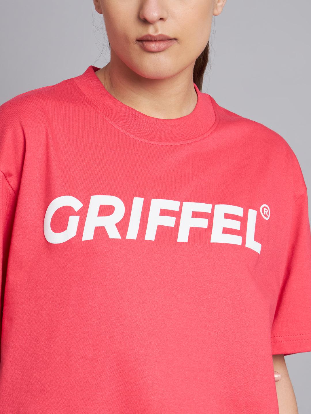 GRIFFEL Women SIGNATURE LOGO Oversized Drop Shoulder Neon Pink T-shirt - griffel