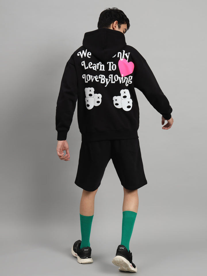 Griffel Men Oversized WE CAN ONLY LEARN TO LOVE BY LOVING Back Print 100% Cotton Black Fleece Hoodie and Shorts - griffel