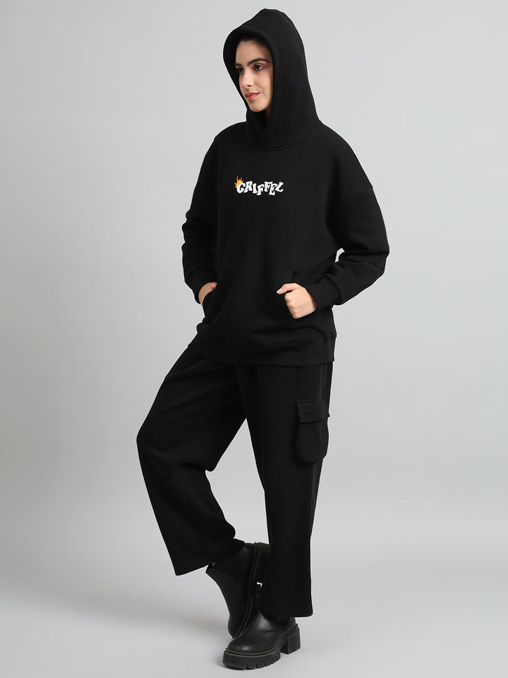 Griffel Women Oversized Fit Never look back 100% Cotton Black Fleece Hoodie and trackpant - griffel