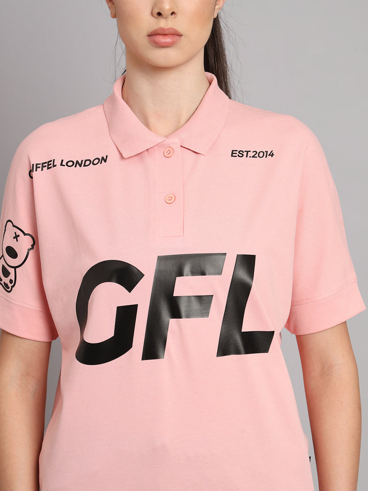 GRIFFEL Women Basic Solid Peach Printed Polo T-shirt - griffel