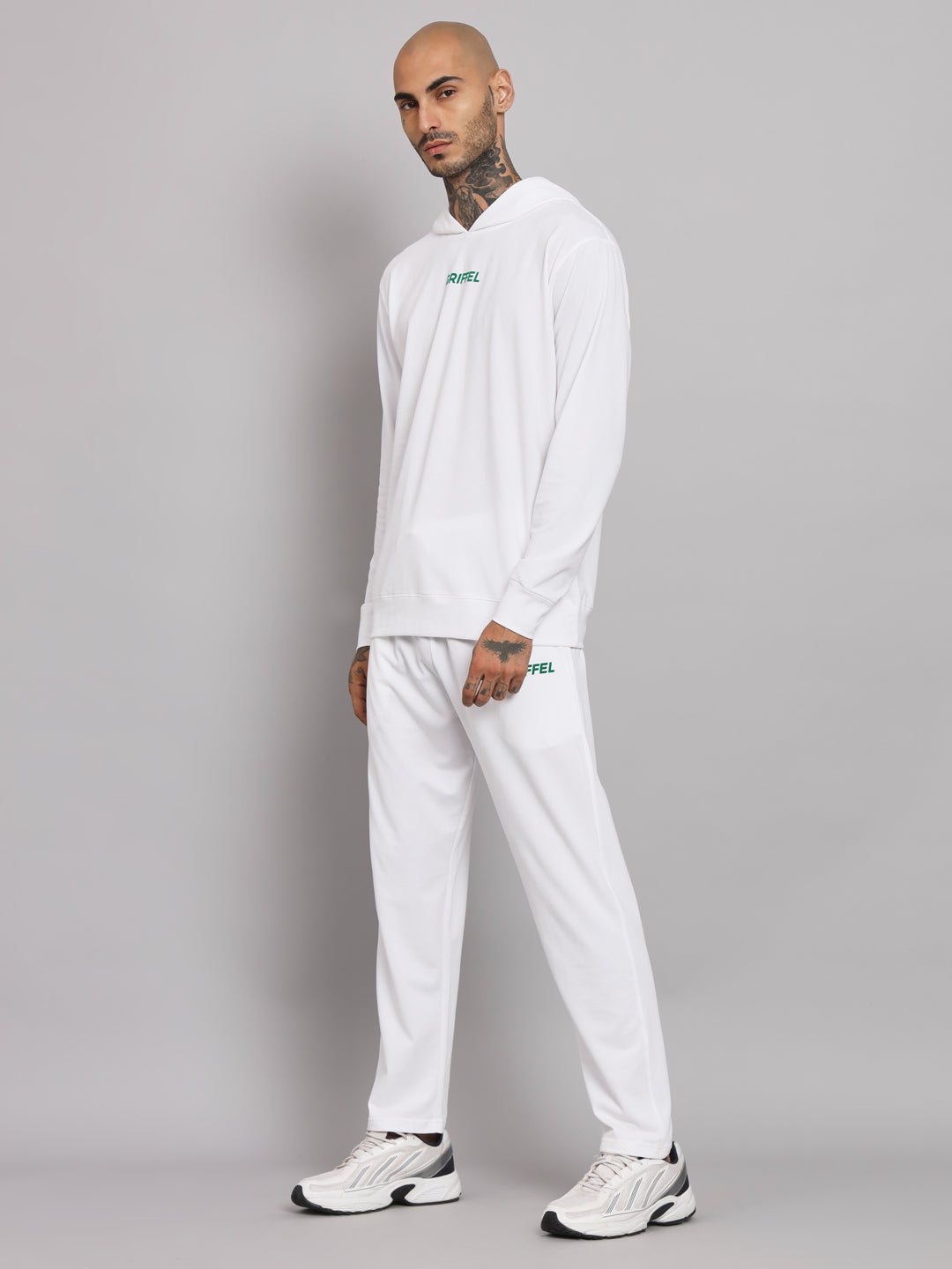 Griffel Men's Pre Winter Front Logo Solid Cotton Basic Hoodie and Joggers Full set White Tracksuit - griffel