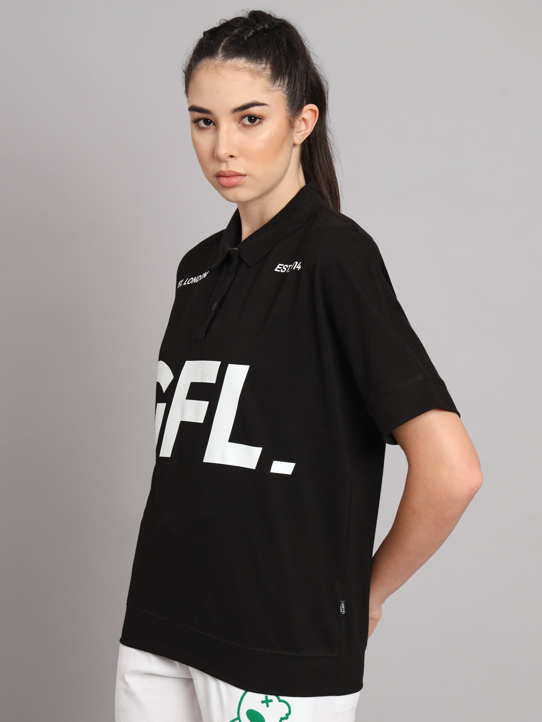 GRIFFEL Women Basic Solid Black Printed Polo T-shirt - griffel
