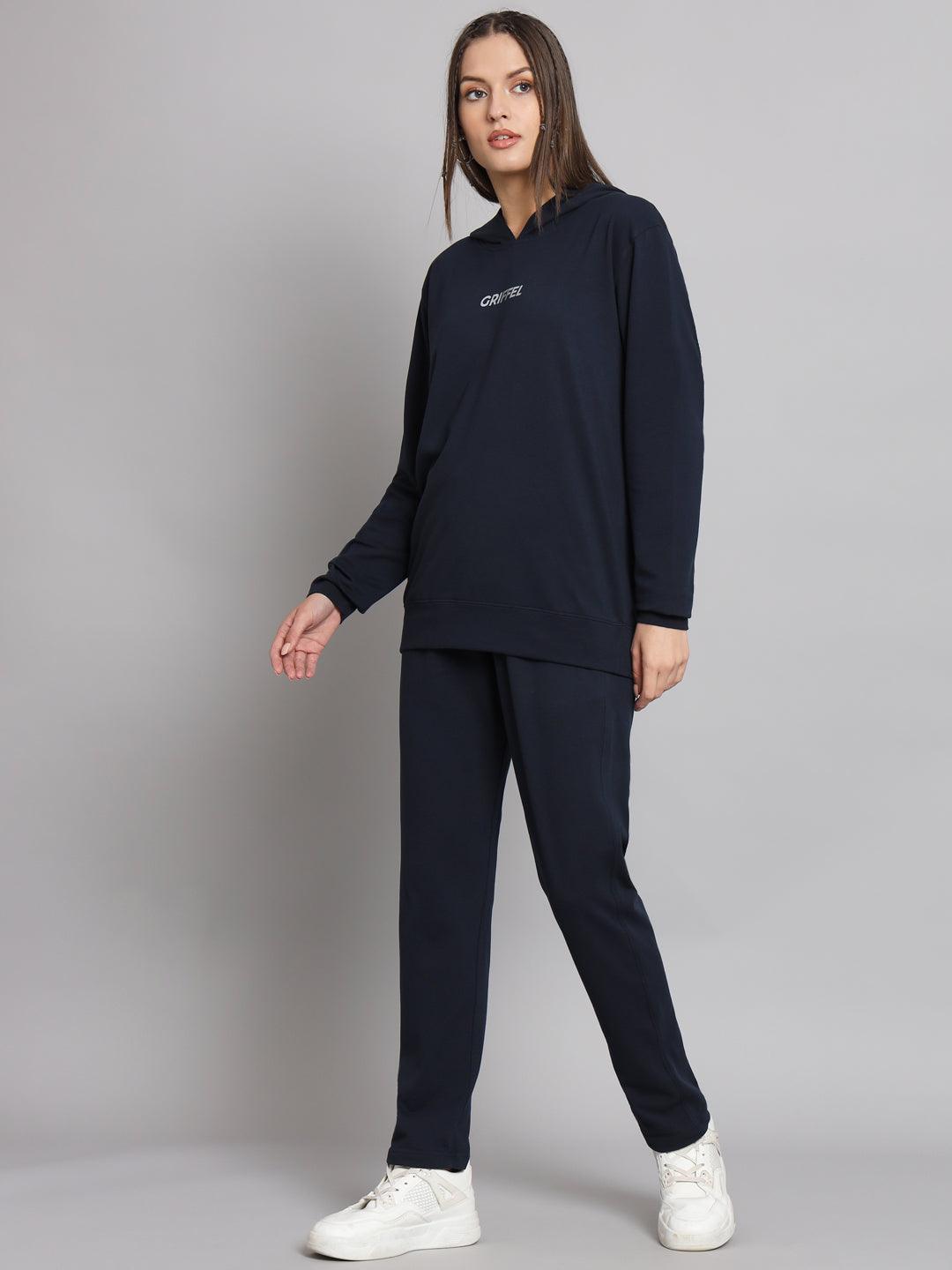 Griffel Women Solid Cotton Matty Basic Hoodie and Joggers Full set Navy Tracksuit - griffel