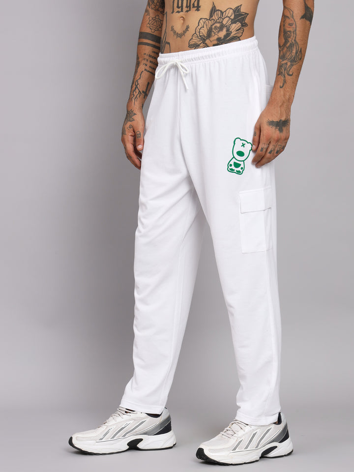 GRIFFEL Men Cotton Matty Front Logo White Teddy Printed Trackpants - griffel