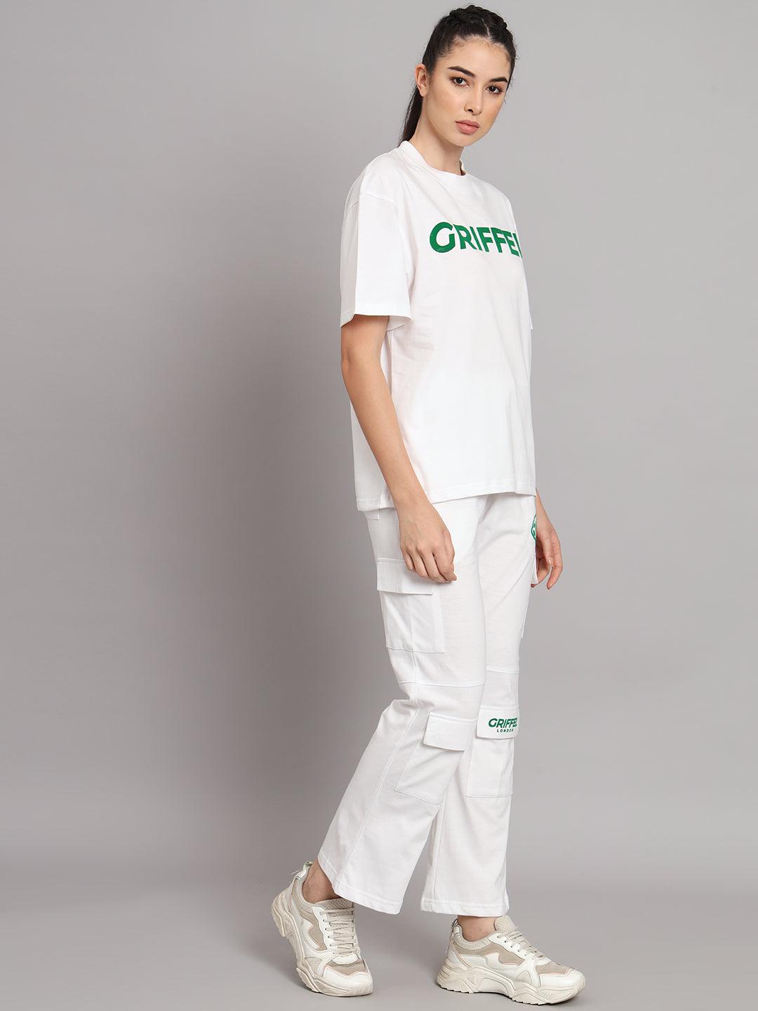 GRIFFEL Women Printed Loose fit White T-shirt and Bell Bottom Trackpant Set - griffel
