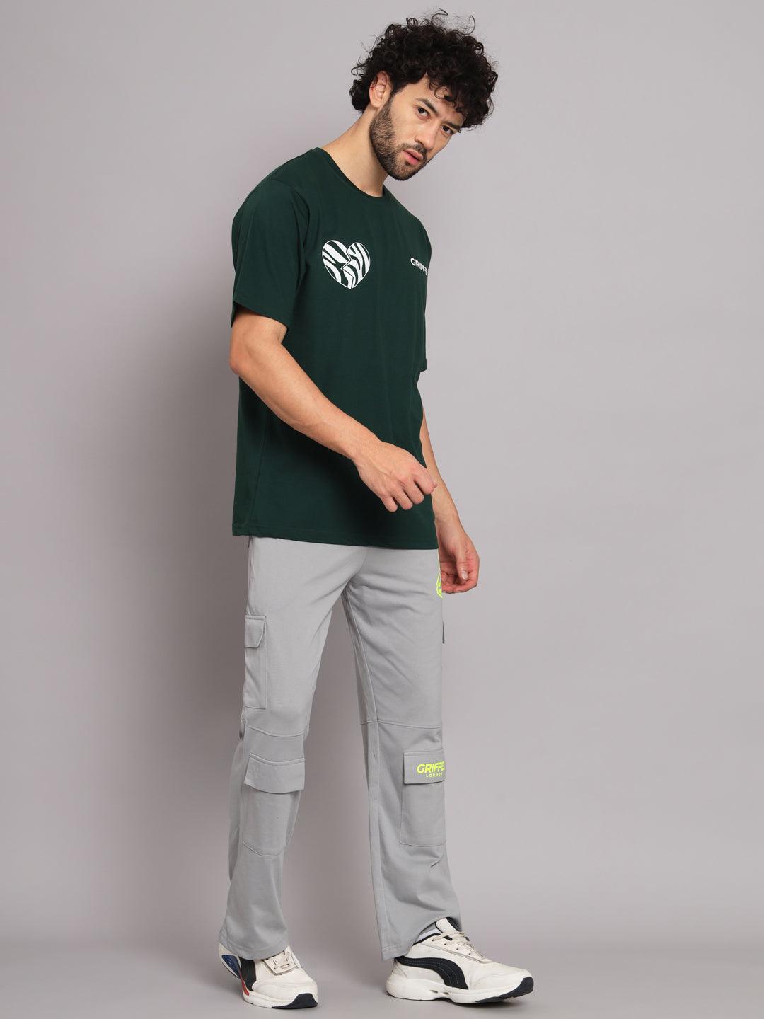 GRIFFEL Men Printed Green Loose fit T-shirt and Bell Bottom Trackpant Set - griffel