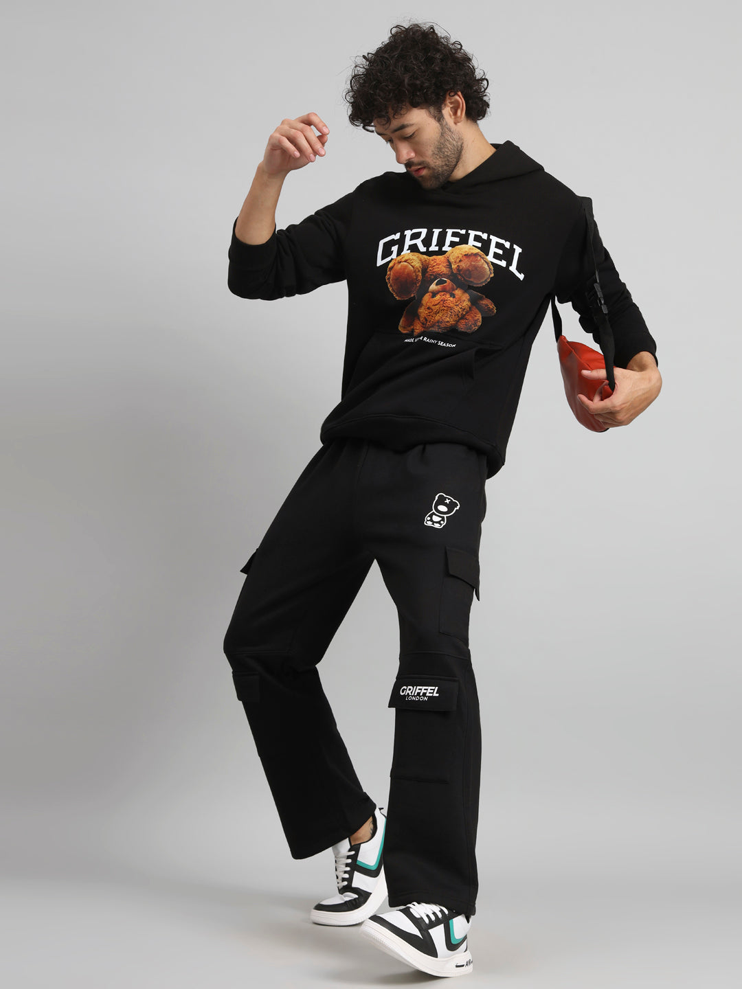 Griffel Men Regular Fit Bear Print Front Logo 100% Cotton Fleece Hoodie and trackpant - griffel