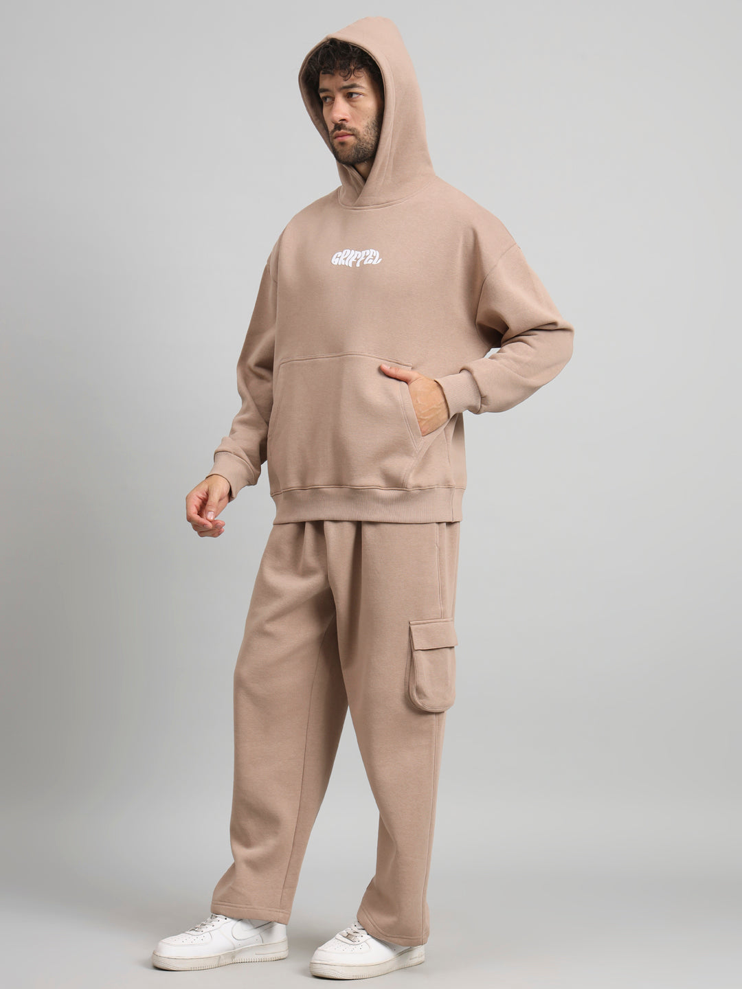 Griffel Men Oversized Fit Absent Minded Print 100% Cotton Camel Fleece Hoodie and trackpant