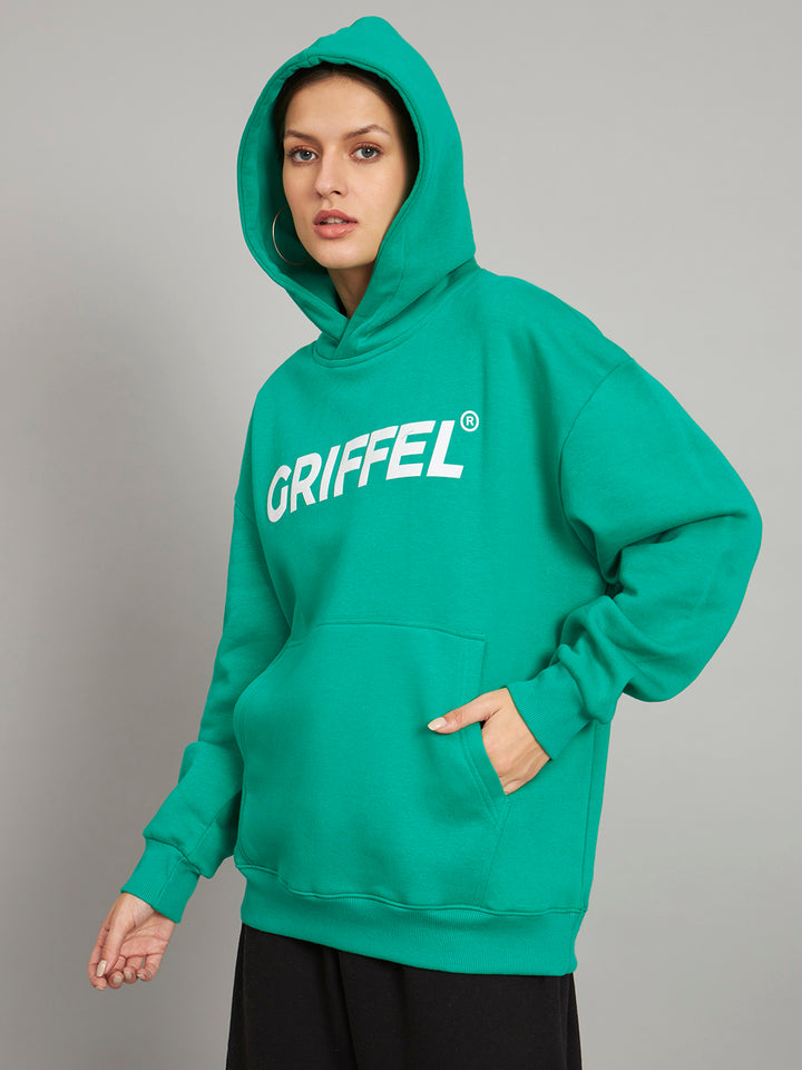Griffel Women Oversized Fit Bottel Green Cotton Front Logo Fleece Hoodie Sweatshirt with Full Sleeve - griffel