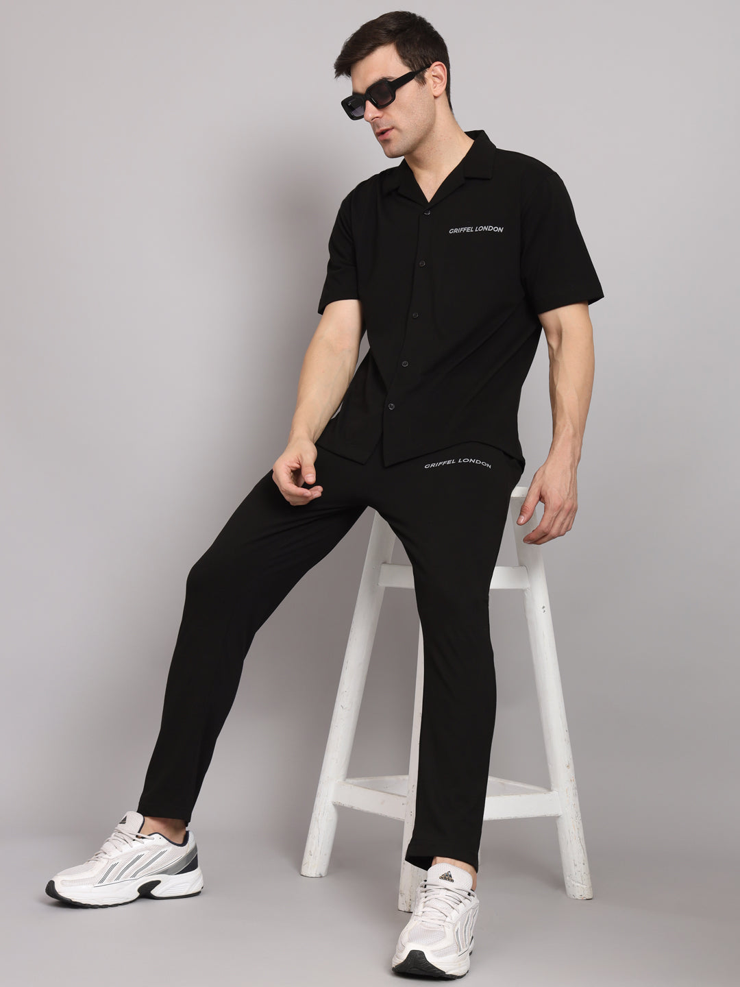 Griffel Men's Pre Winter Front Logo Solid Cotton Basic Black Bowling Shirt and Joggers Full Co-Ord Set - griffel