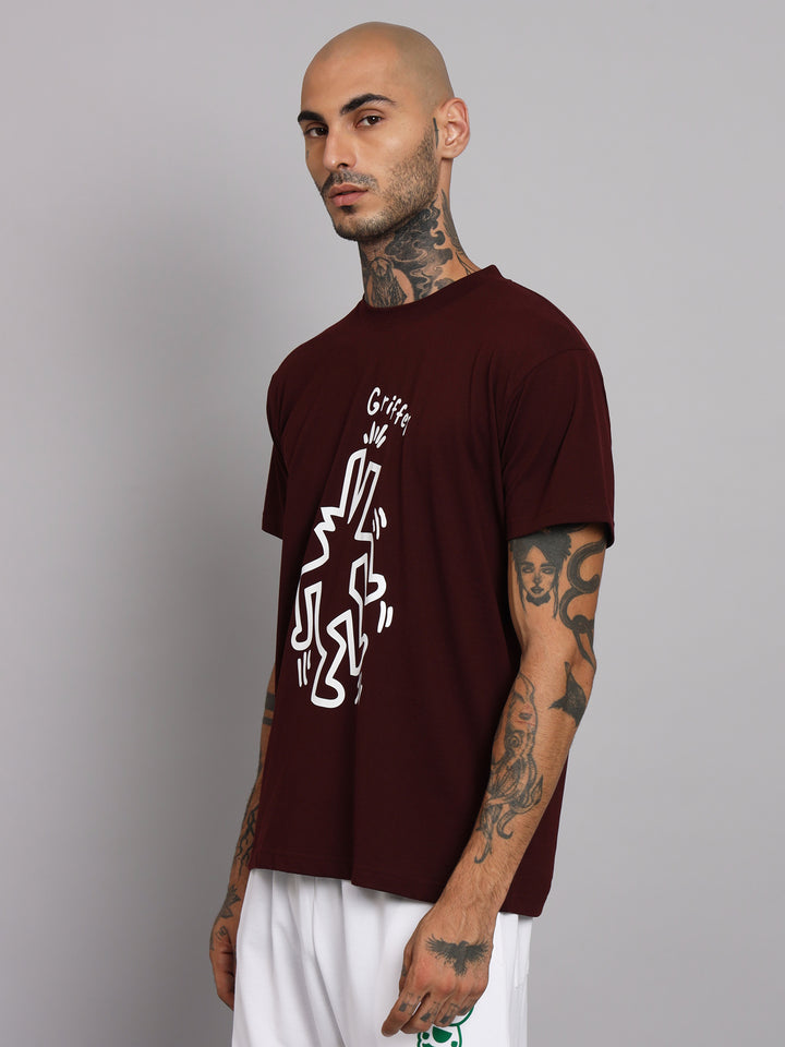 GRIFFEL Men Printed Maroon Regular fit Cotton T-shirt - griffel