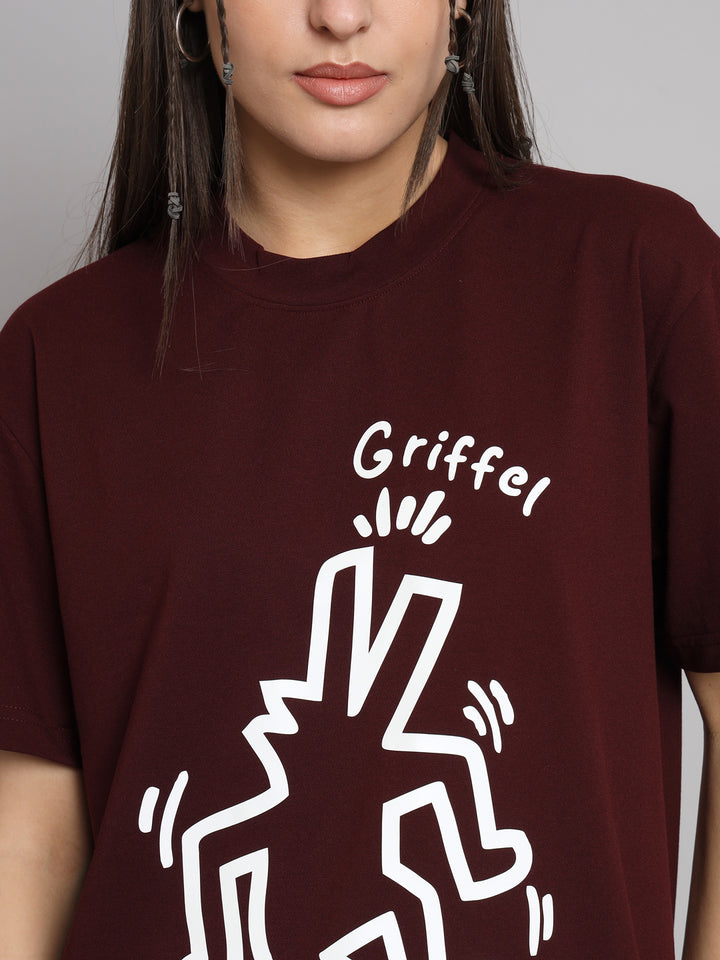 GRIFFEL Women Printed Loose fit Maroon T-shirt