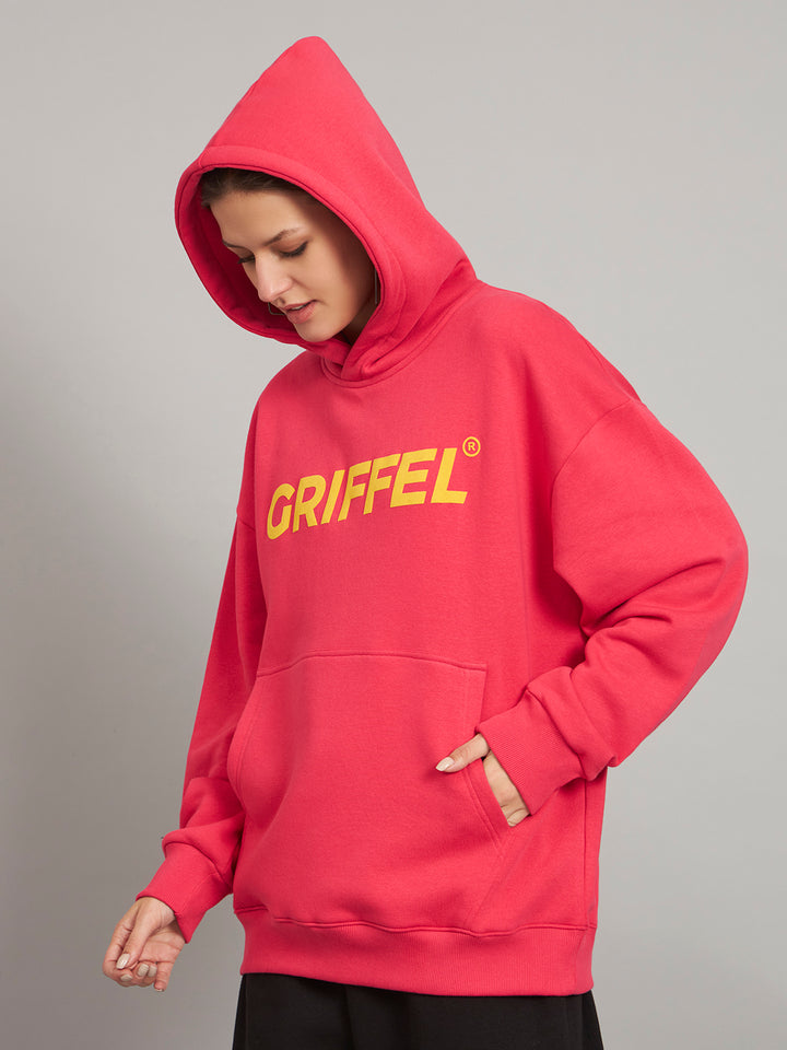 Griffel Women Oversized Fit Pink Cotton Front Logo Fleece Hoodie Sweatshirt with Full Sleeve