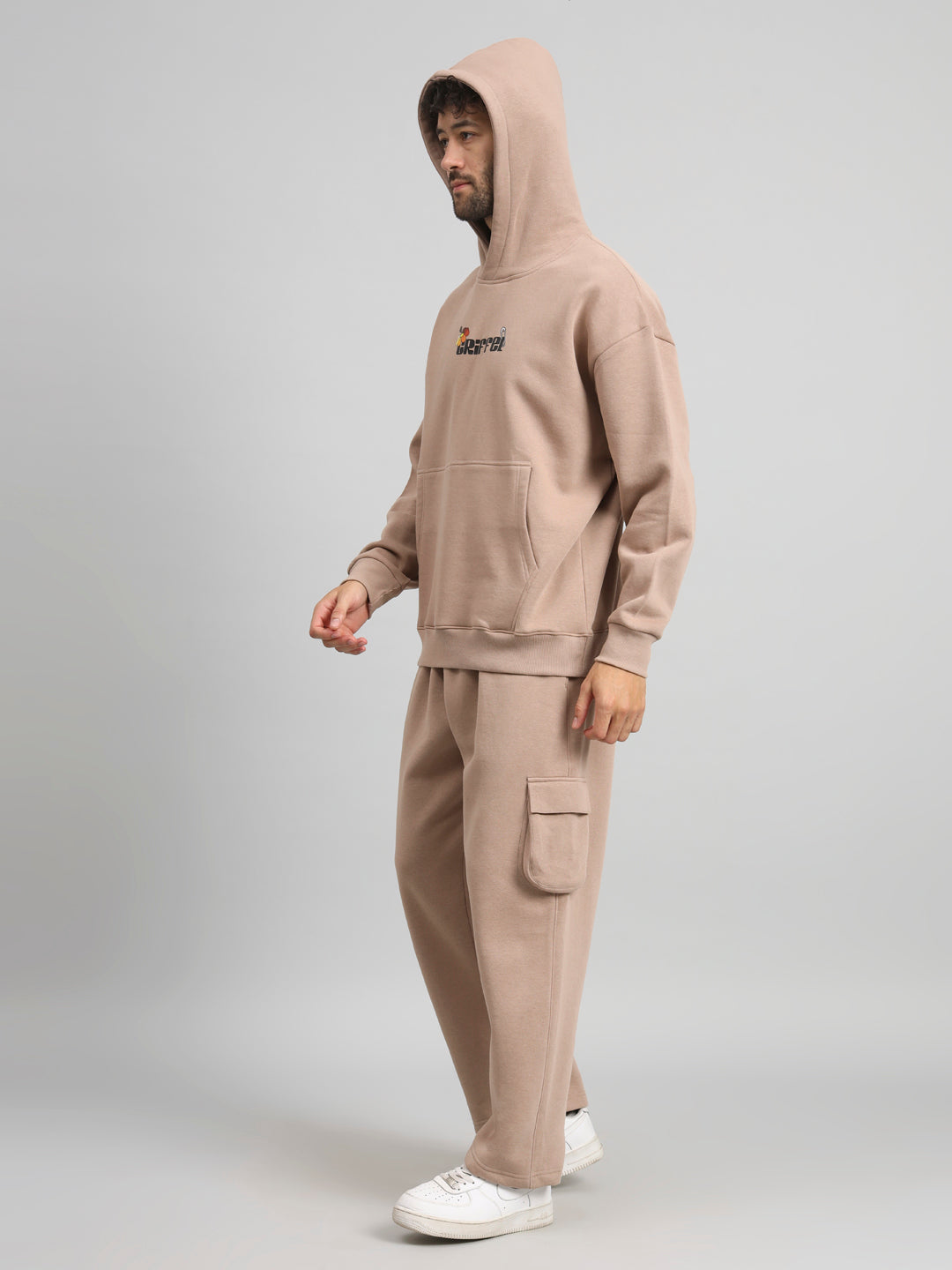 Griffel Men Oversized Fit Flower Print Front Logo 100% Cotton Camel Fleece Hoodie and trackpant - griffel