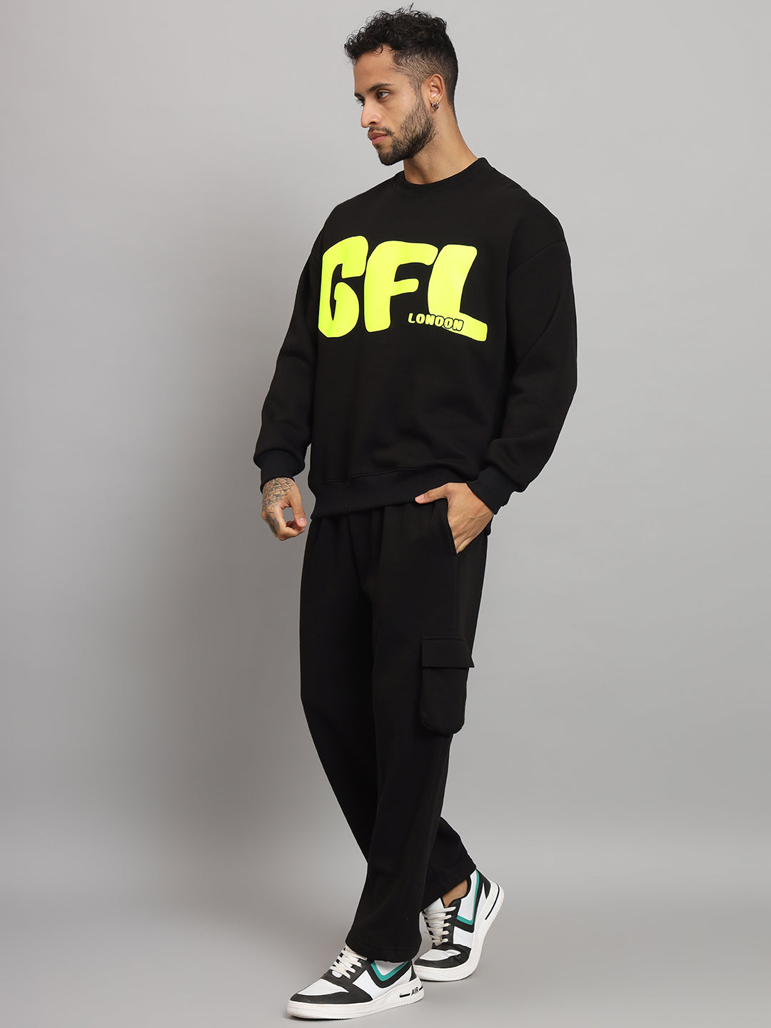 Griffel Men Oversized Fit GFL Print Round Neck 100% Cotton Fleece Black Tracksuit - griffel