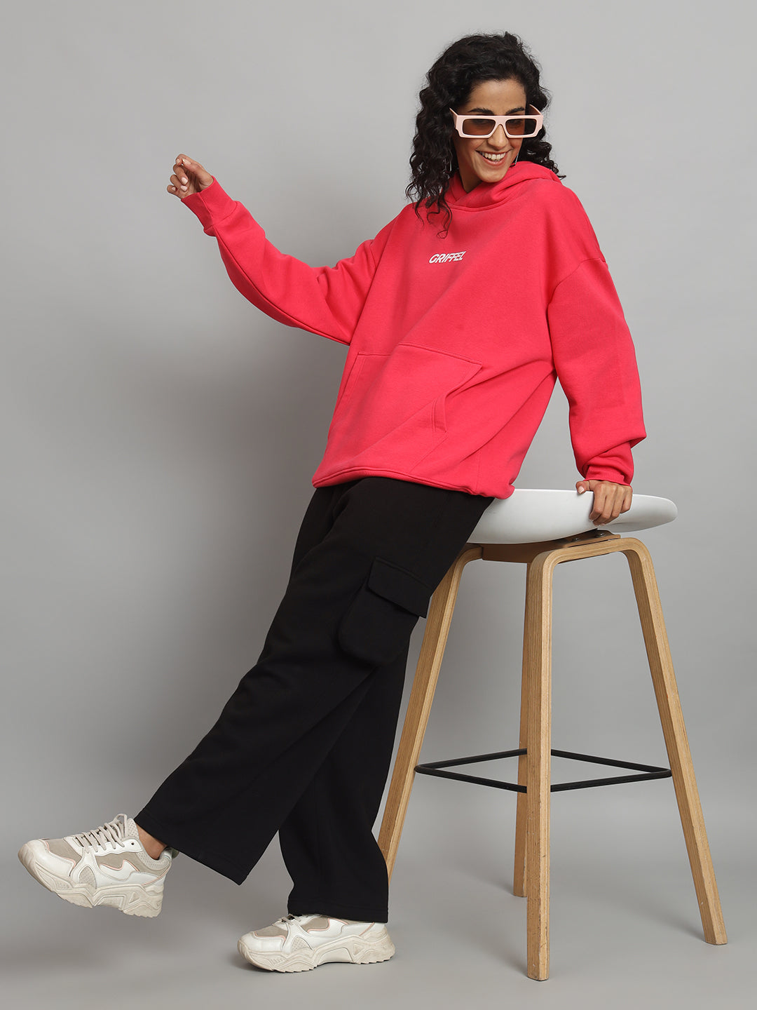 Griffel Women Oversized Fit Front Logo 100% Cotton Neon Pink Fleece Hoodie and trackpant - griffel