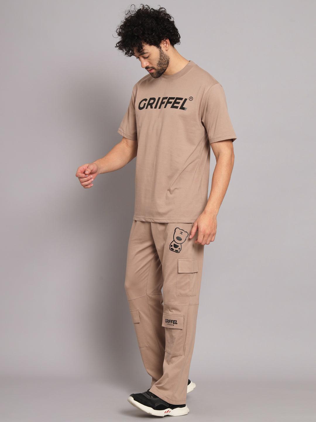 GRIFFEL Men Printed Black Loose fit T-shirt and Bell Bottom Trackpant Set