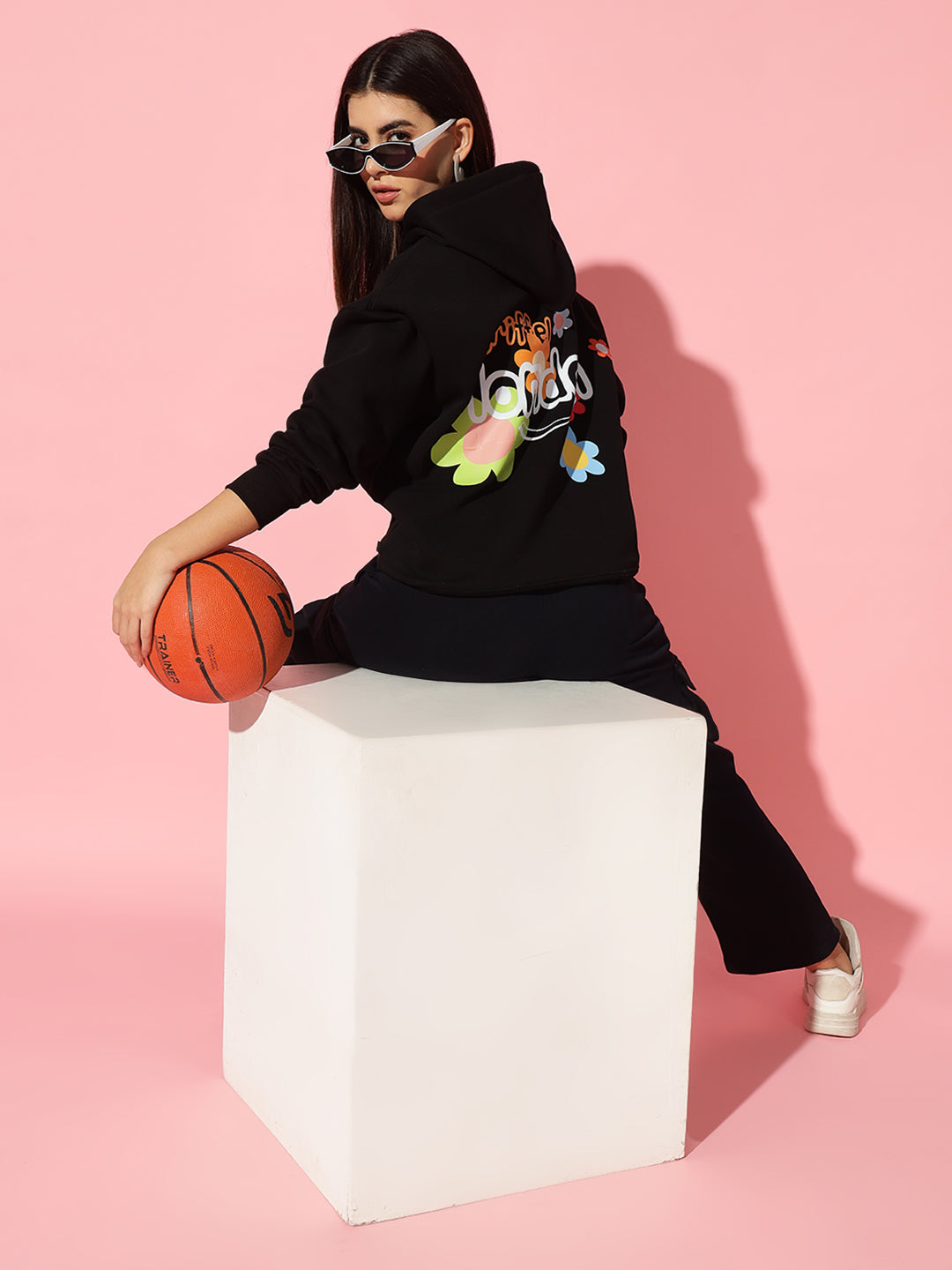 Flower London Black Oversized Hoodie Neck Tracksuit