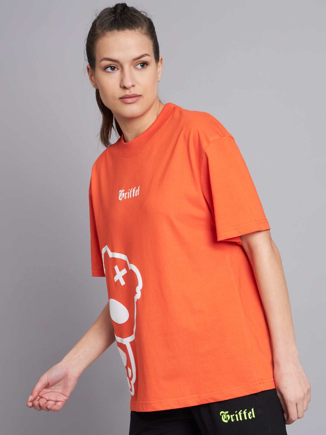 GRIFFEL Women TEDDY oversized Drop Shoulder Neon Orange T-shirt - griffel