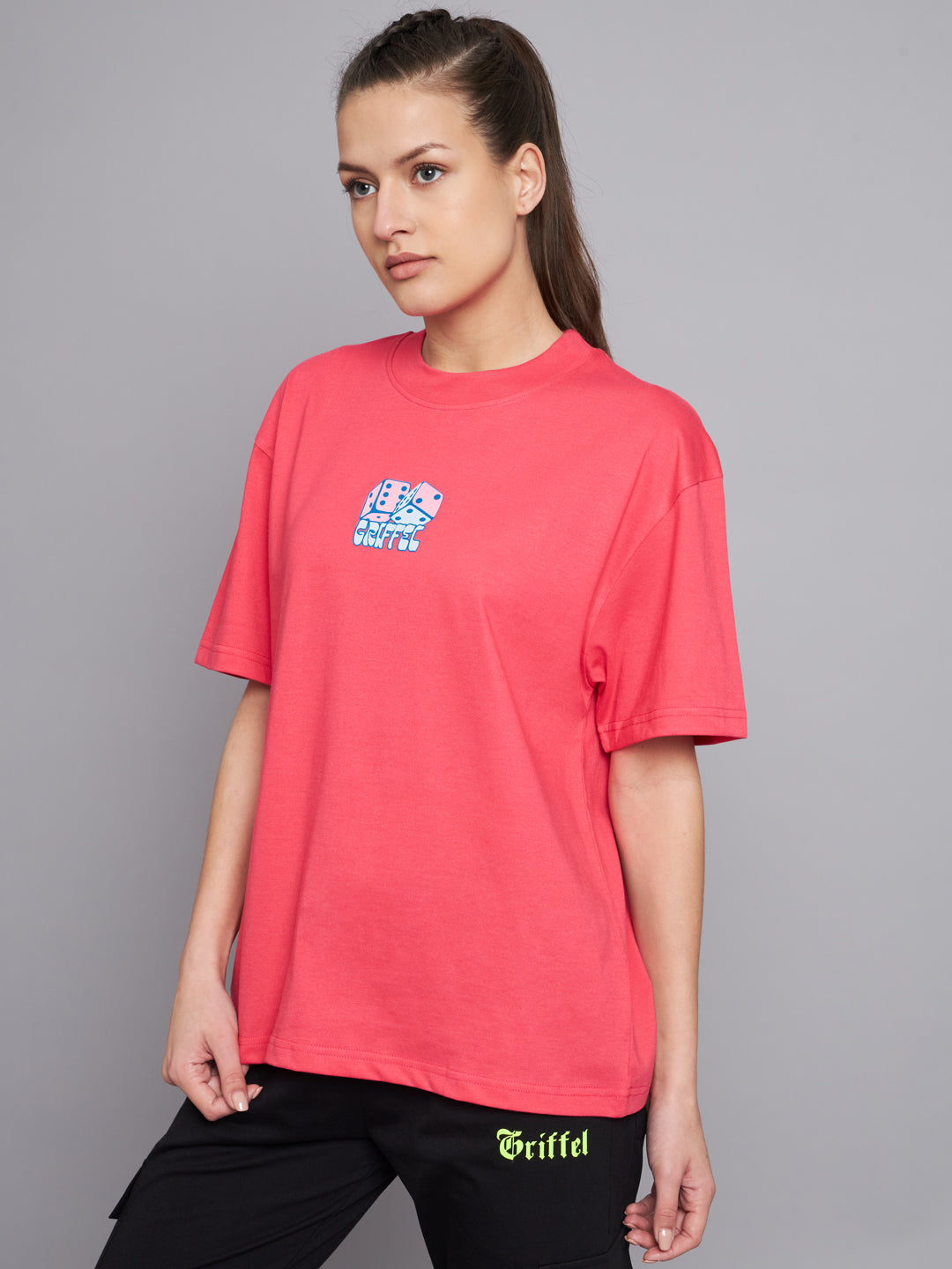 GRIFFEL Women's DICE oversized Drop Shoulder Neon Pink T-shirt - griffel