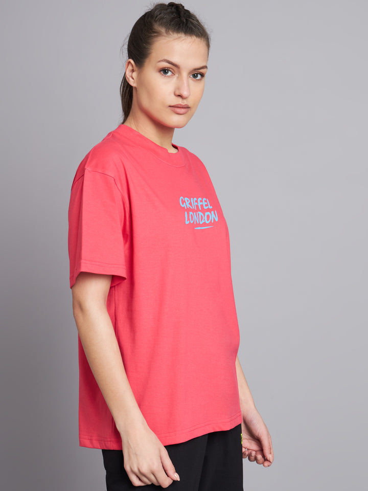 GRIFFEL Women Neon Pink Printed Oversized Loose fit T-shirt and Trackpant Set - griffel