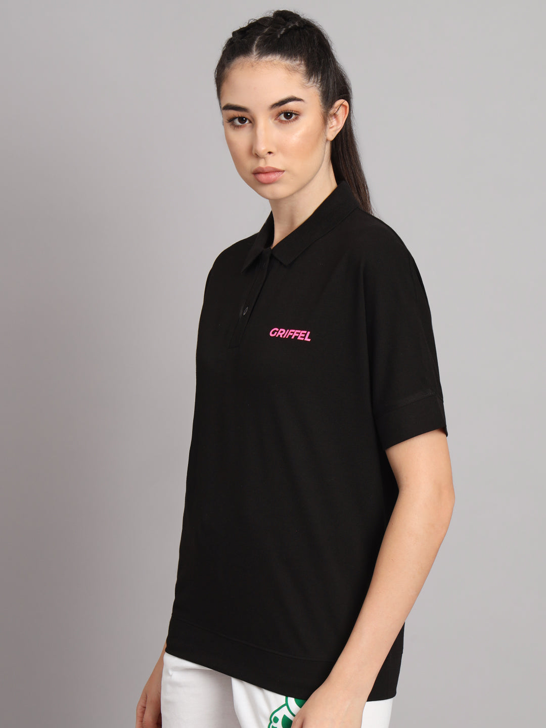 GRIFFEL Women Basic Solid Black Polo T-shirt - griffel