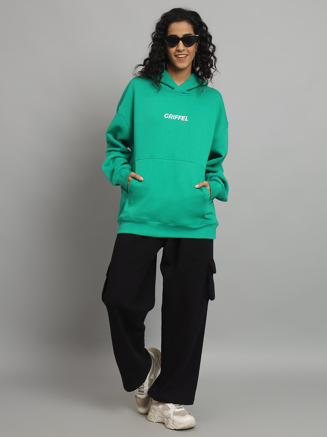 Griffel Women Oversized Fit Front Logo 100% Cotton Bottel Green Fleece Hoodie and trackpant - griffel
