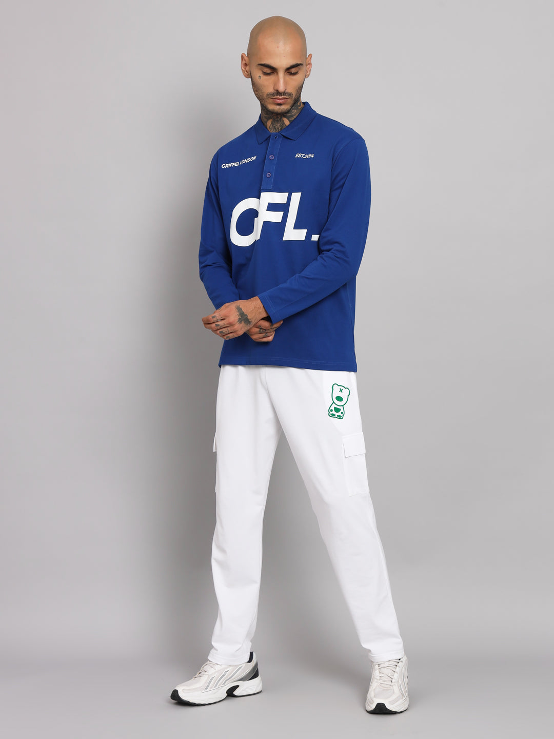 GRIFFEL Men's Royal GFL Printed Cotton Full Sleeve Polo T-shirt