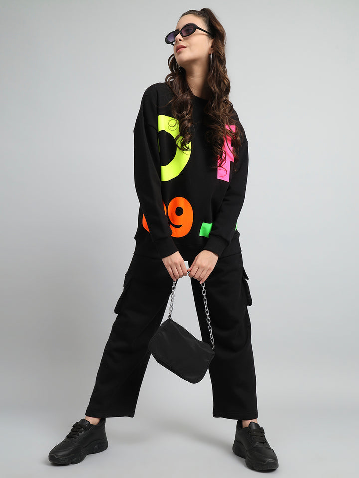 Griffel Women Oversized Fit GFL09 Neon Print Round Neck 100% Cotton Fleece Black Tracksuit - griffel
