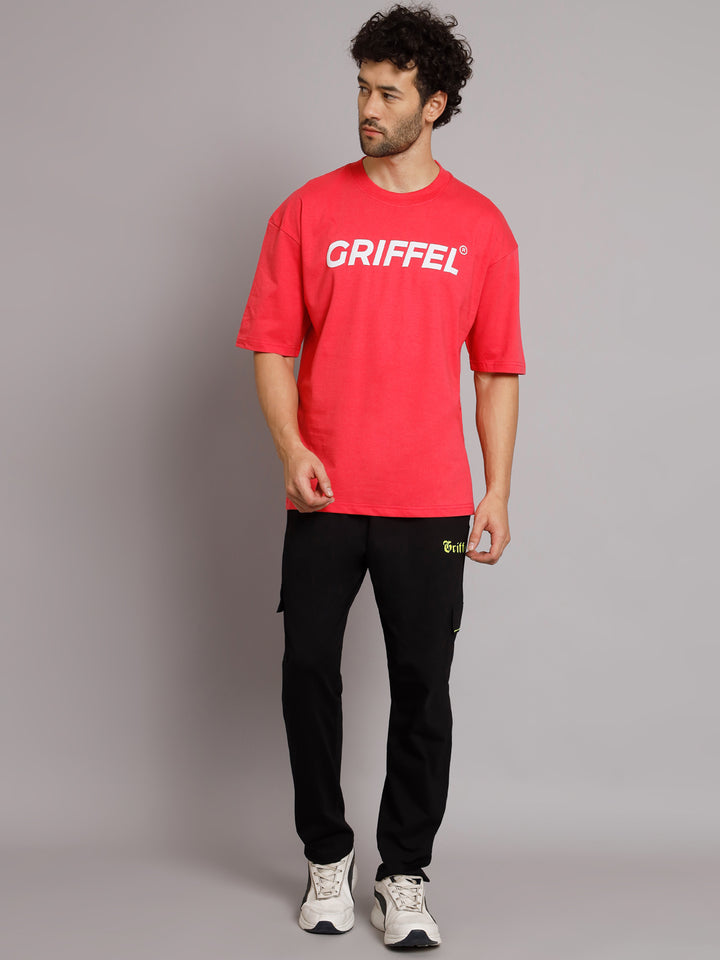 GRIFFEL Men Printed Neon Pink Regular fit T-shirt and Black Trackpant Set - griffel
