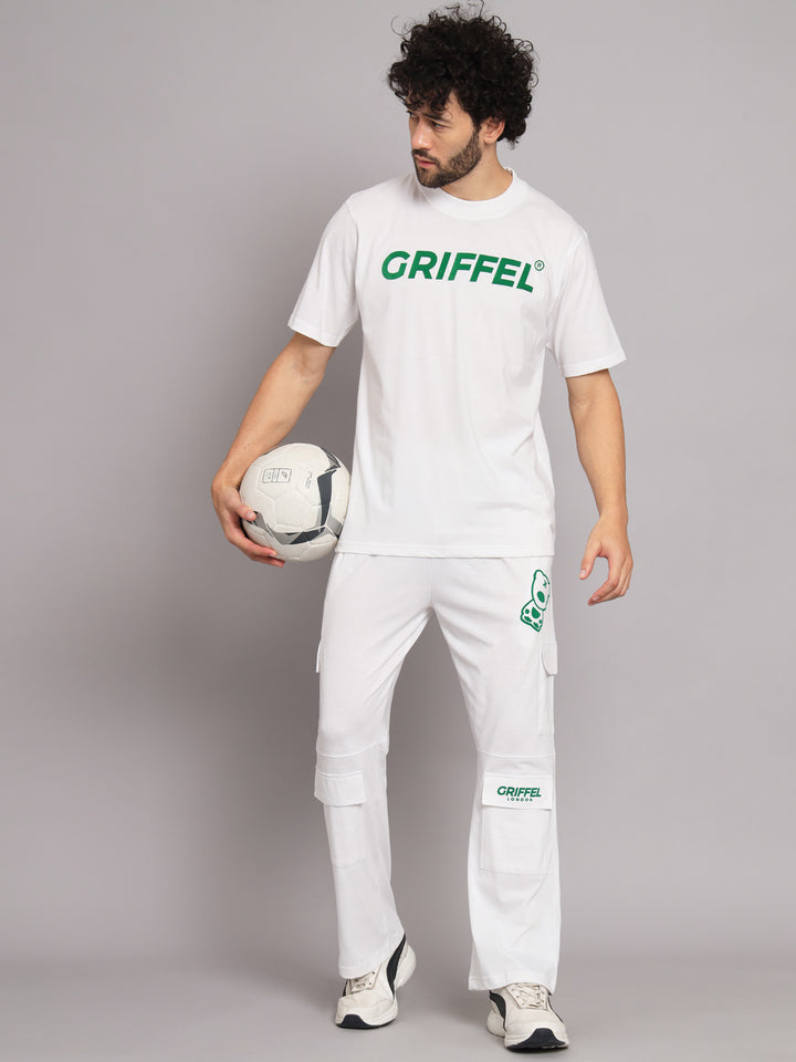 GRIFFEL Men Printed White Loose fit T-shirt and Bell Bottom Trackpant Set - griffel