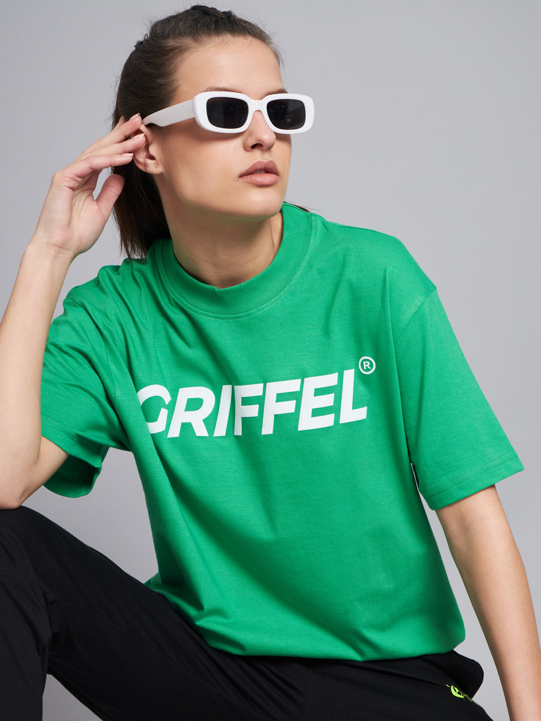 GRIFFEL Women Neon Green Printed Oversized Loose fit T-shirt and Trackpant Set - griffel