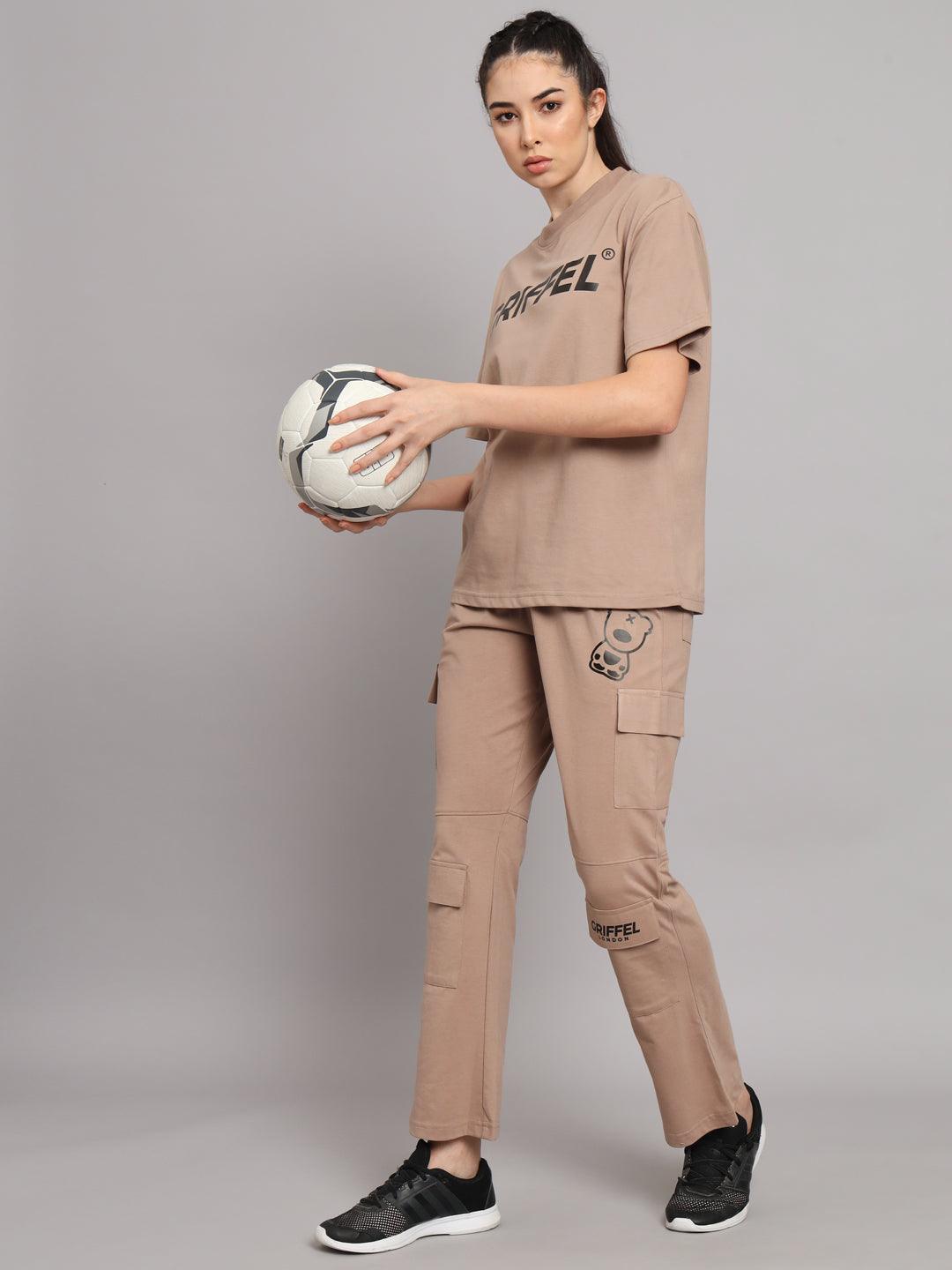 GRIFFEL Women Printed Loose fit Camel T-shirt and Bell Bottom Trackpant Set - griffel
