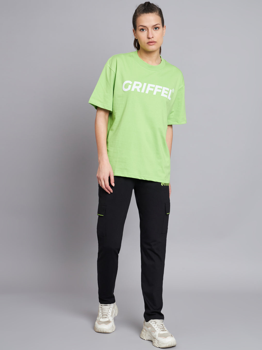 GRIFFEL Women Neon Parrot Printed Oversized Loose fit T-shirt and Trackpant Set