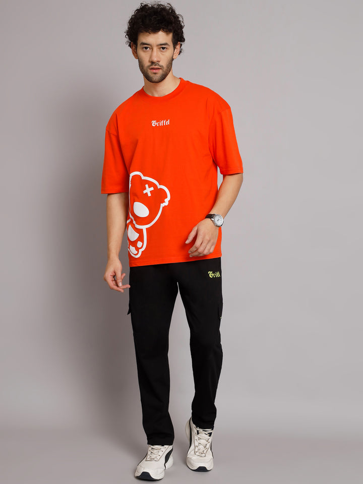 GRIFFEL Men Printed Neon Orange Regular fit T-shirt and Black Trackpant Set - griffel