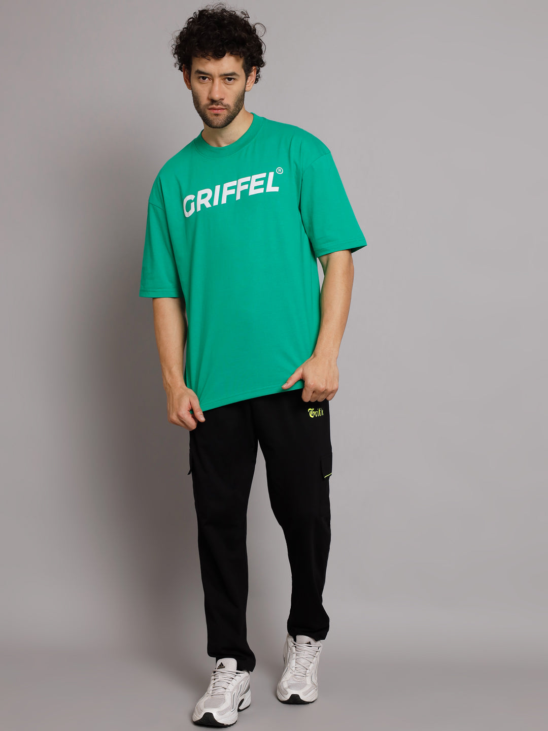 GRIFFEL Men Printed Neon Green Regular fit T-shirt and Black Trackpant Set