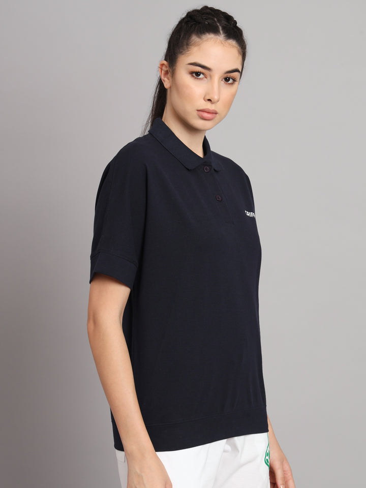 GRIFFEL Women Basic Solid Navy Polo T-shirt - griffel