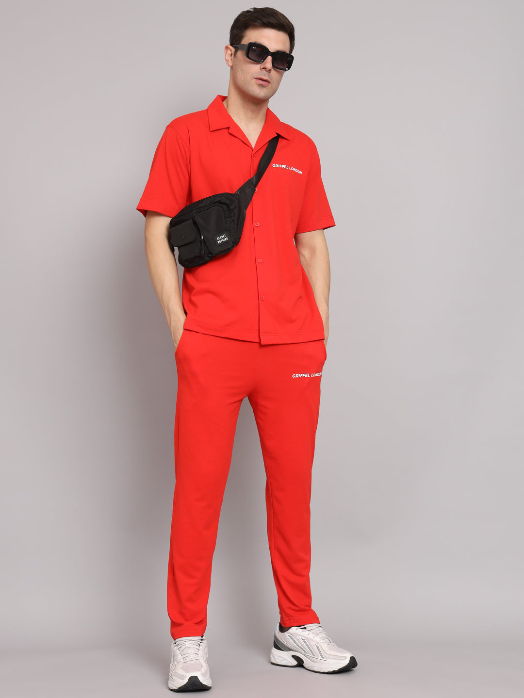 Griffel Men's Pre Winter Front Logo Solid Cotton Basic Red Bowling Shirt and Joggers Full Co-Ord Set - griffel