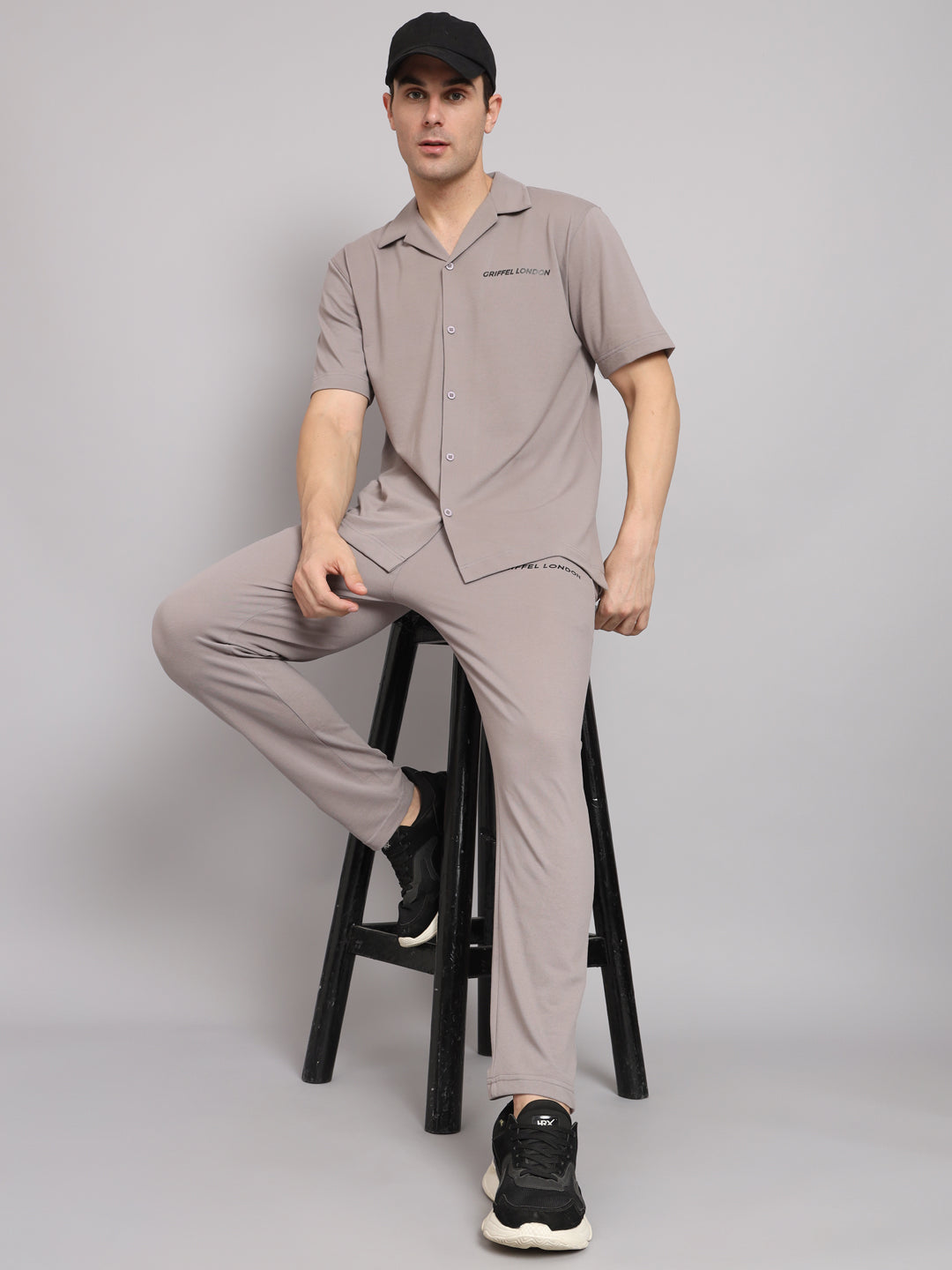Griffel Men's Pre Winter Front Logo Solid Cotton Basic Steel Grey Bowling Shirt and Joggers Full Co-Ord Set - griffel